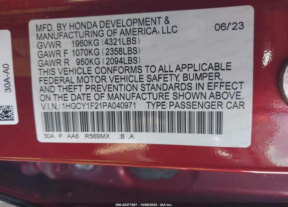 2023 HONDA ACCORD VIN: 1HGCY1F21PA040971