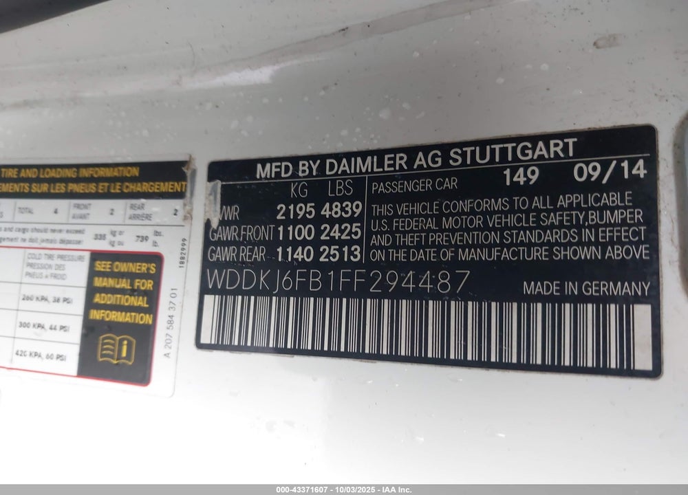 2015 MERCEDES-BENZ E-CLASS VIN: WDDKJ6FB1FF294487