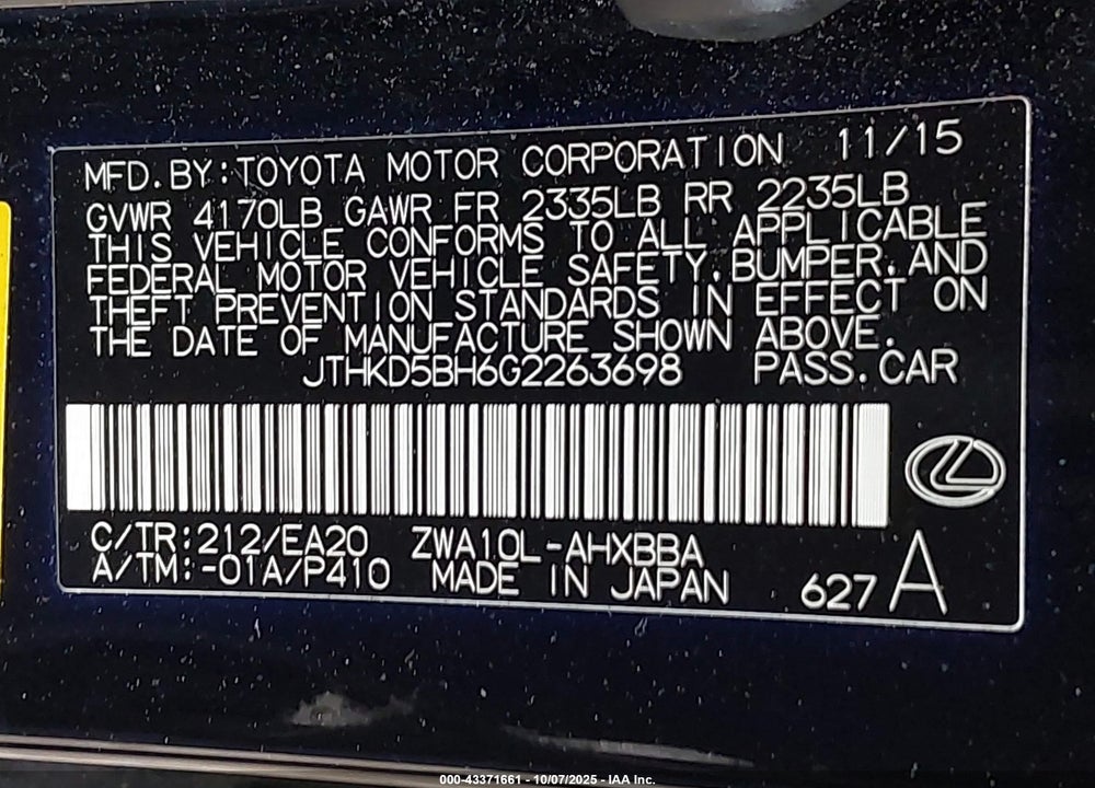 2016 LEXUS CT 200H VIN: JTHKD5BH6G2263698
