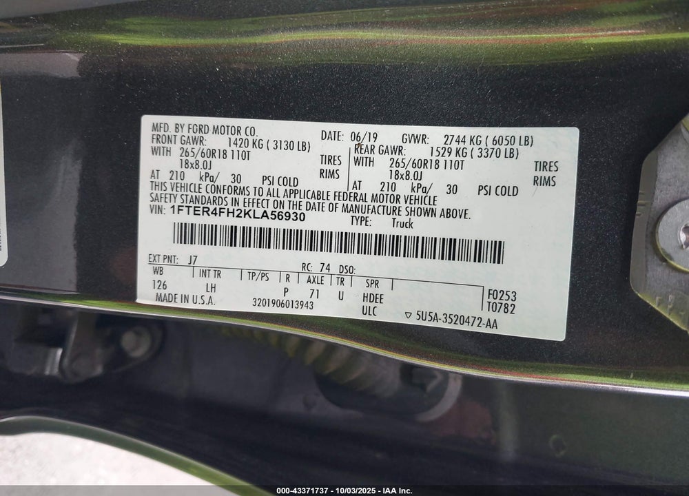 2019 FORD RANGER XLT VIN: 1FTER4FH2KLA56930