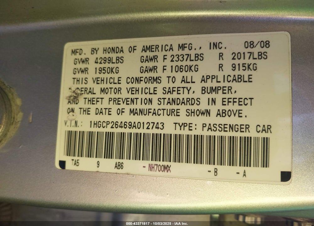 2009 HONDA ACCORD VIN: 1HGCP26469A012743