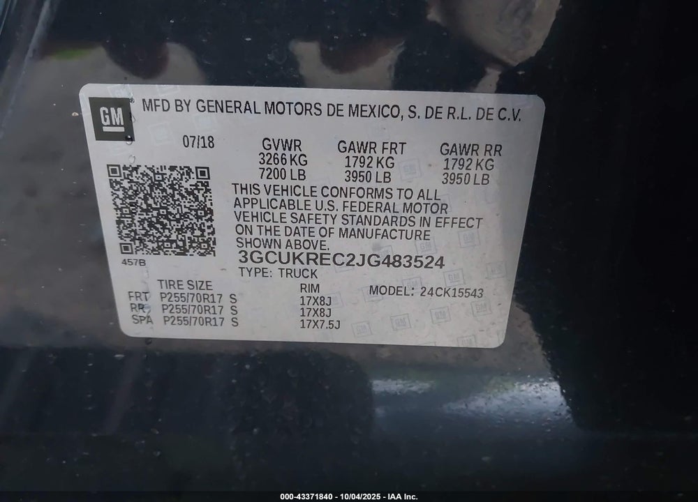 2018 CHEVROLET SILVERADO 1500 1LT VIN: 3GCUKREC2JG483524
