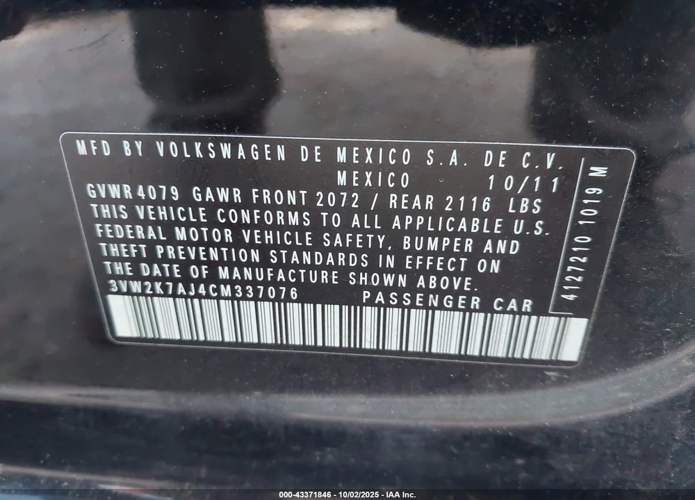 2012 VOLKSWAGEN JETTA 2.0L S VIN: 3VW2K7AJ4CM337076