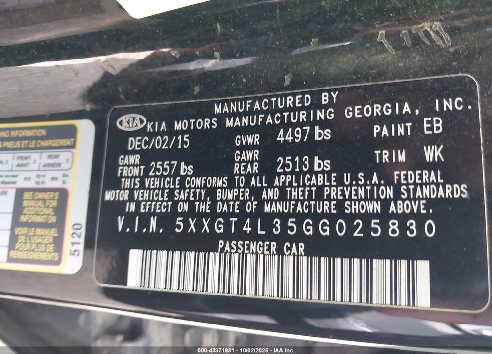 2016 KIA OPTIMA VIN: 5XXGT4L35GG025830