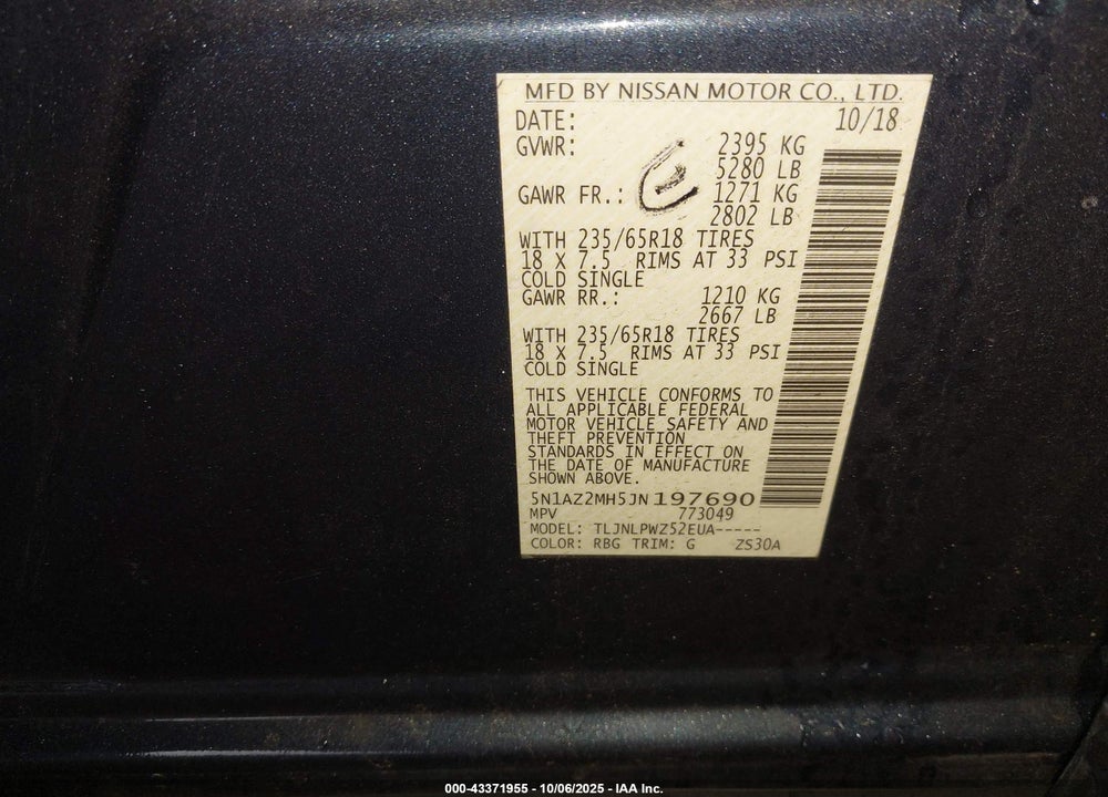 2018 NISSAN MURANO S VIN: 5N1AZ2MH5JN197690