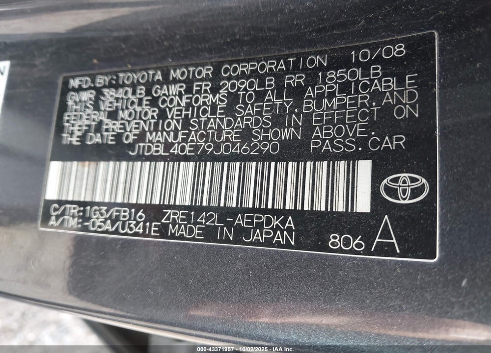 2009 TOYOTA COROLLA VIN: JTDBL40E79J046290