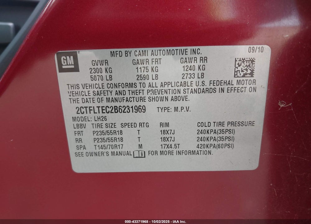 2011 GMC TERRAIN VIN: 2CTFLTEC2B6231969
