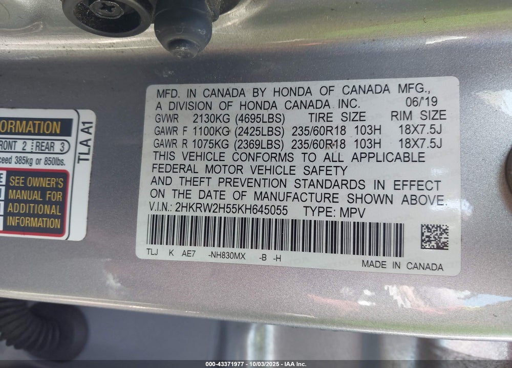 2019 HONDA CR-V EX VIN: 2HKRW2H55KH645055