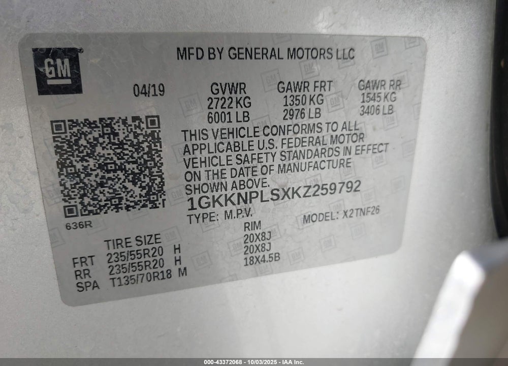 2019 GMC ACADIA DENALI VIN: 1GKKNPLSXKZ259792