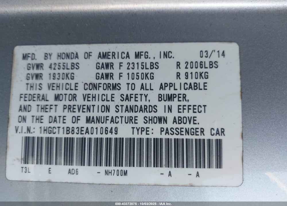 2014 HONDA ACCORD VIN: 1HGCT1B83EA010649