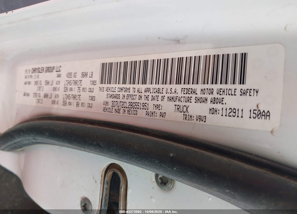2011 RAM 2500 ST VIN: 3D7UT2CL2BG551951