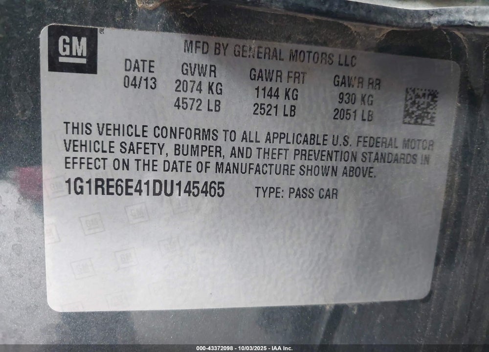 2013 CHEVROLET VOLT VIN: 1G1RE6E41DU145465