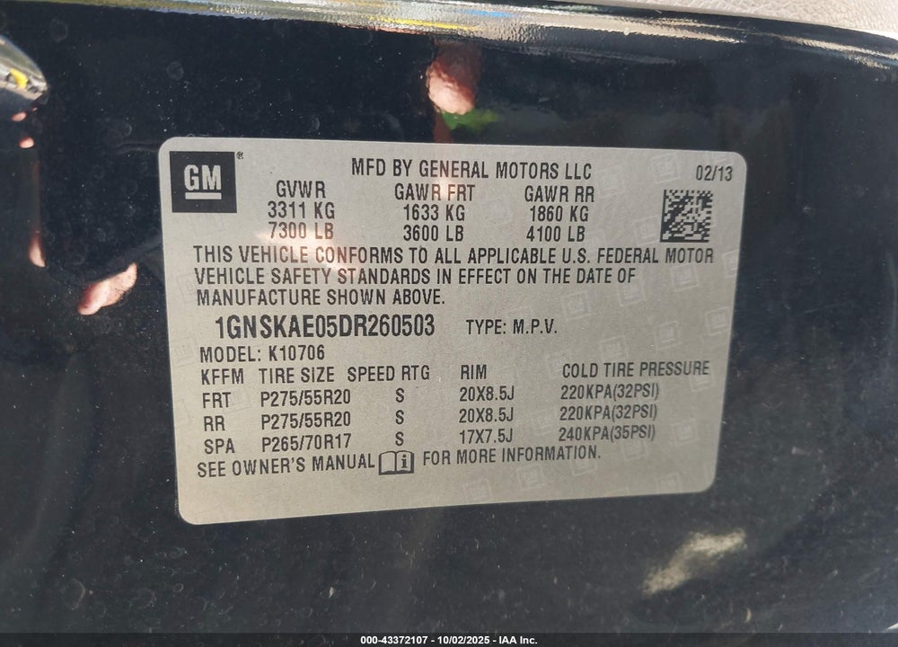 2013 CHEVROLET TAHOE LS VIN: 1GNSKAE05DR260503