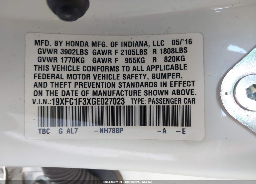 2016 HONDA CIVIC EX-T VIN: 19XFC1F3XGE027023