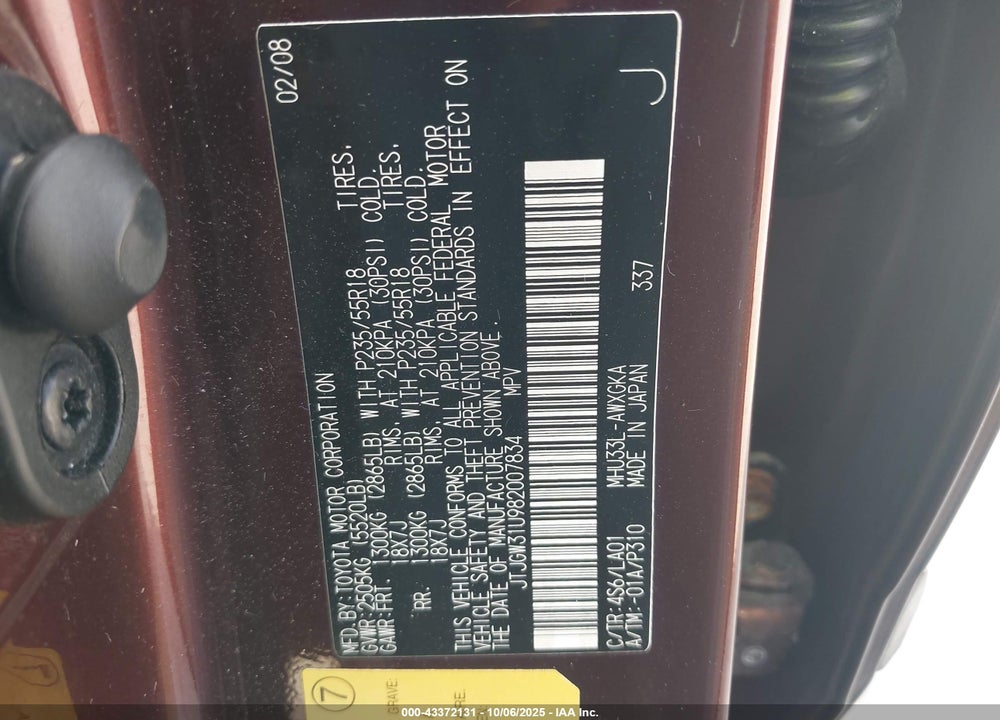 2008 LEXUS RX 400H VIN: JTJGW31U982007834