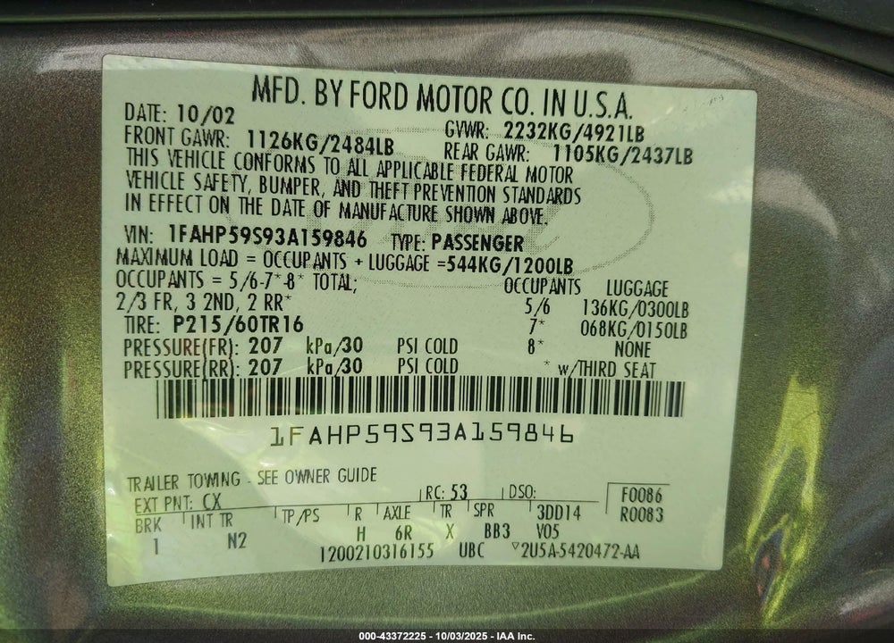 2003 FORD TAURUS SEL VIN: 1FAHP59S93A159846