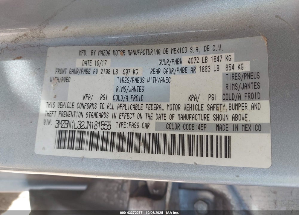 2018 MAZDA 3 VIN: 3MZBN1L32JM181555