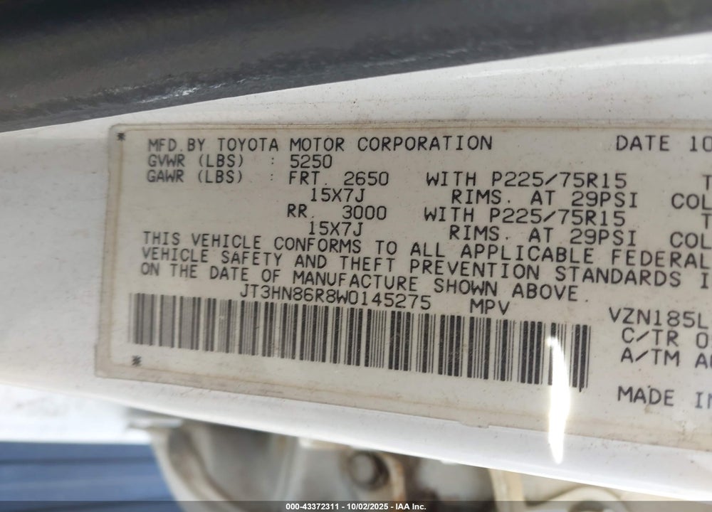 1998 TOYOTA 4RUNNER SR5 V6 VIN: JT3HN86R8W0145275