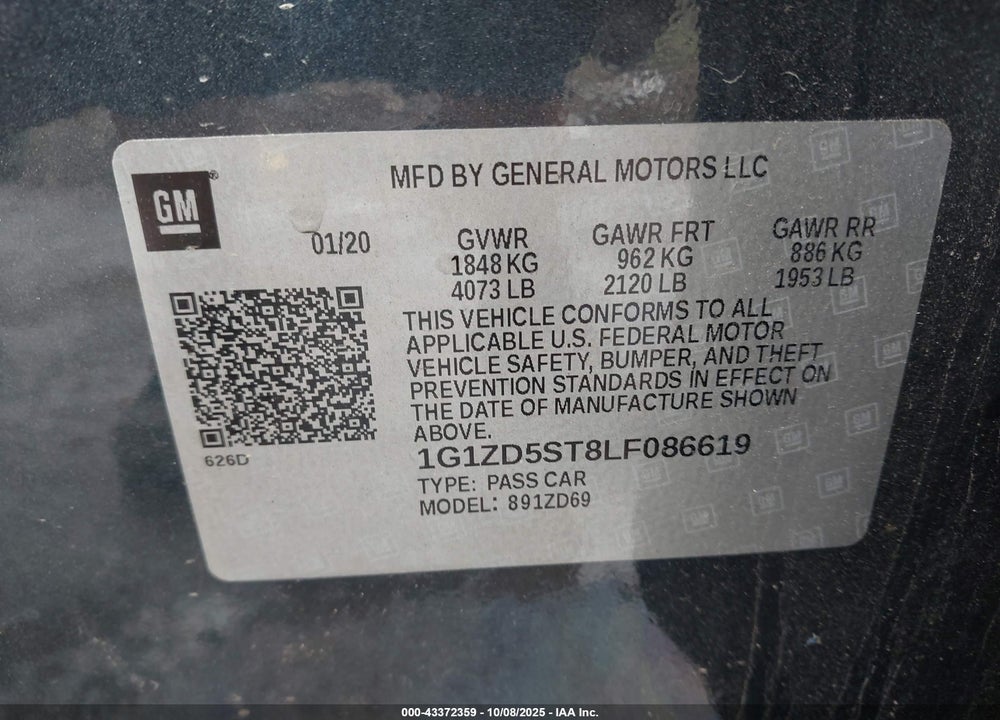 2020 CHEVROLET MALIBU FWD LT VIN: 1G1ZD5ST8LF086619