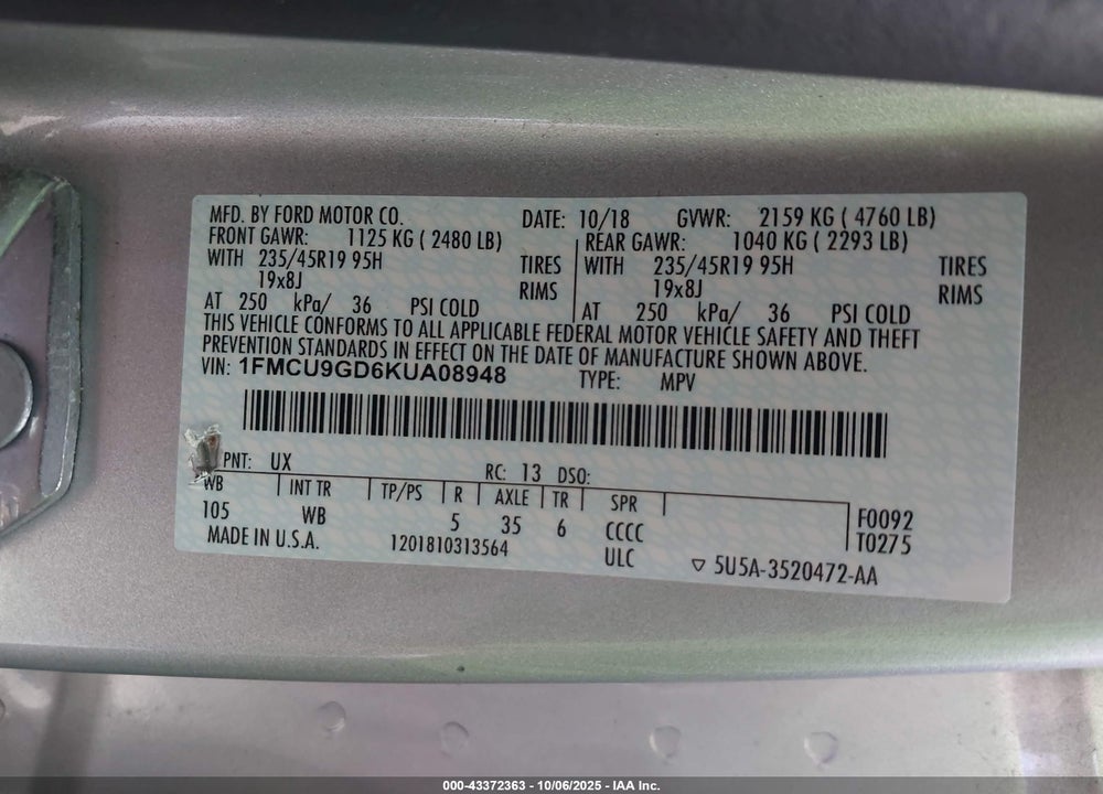 2019 FORD ESCAPE SE VIN: 1FMCU9GD6KUA08948