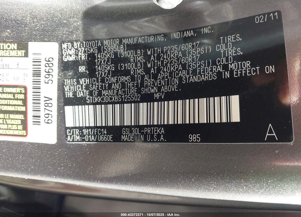 2011 TOYOTA SIENNA LE V6 VIN: 5TDKK3DCXBS125502