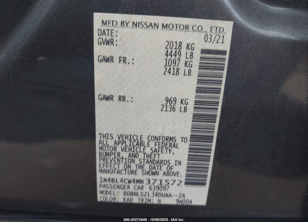 2021 NISSAN ALTIMA SR INTELLIGENT AWD VIN: 1N4BL4CW4MN371572
