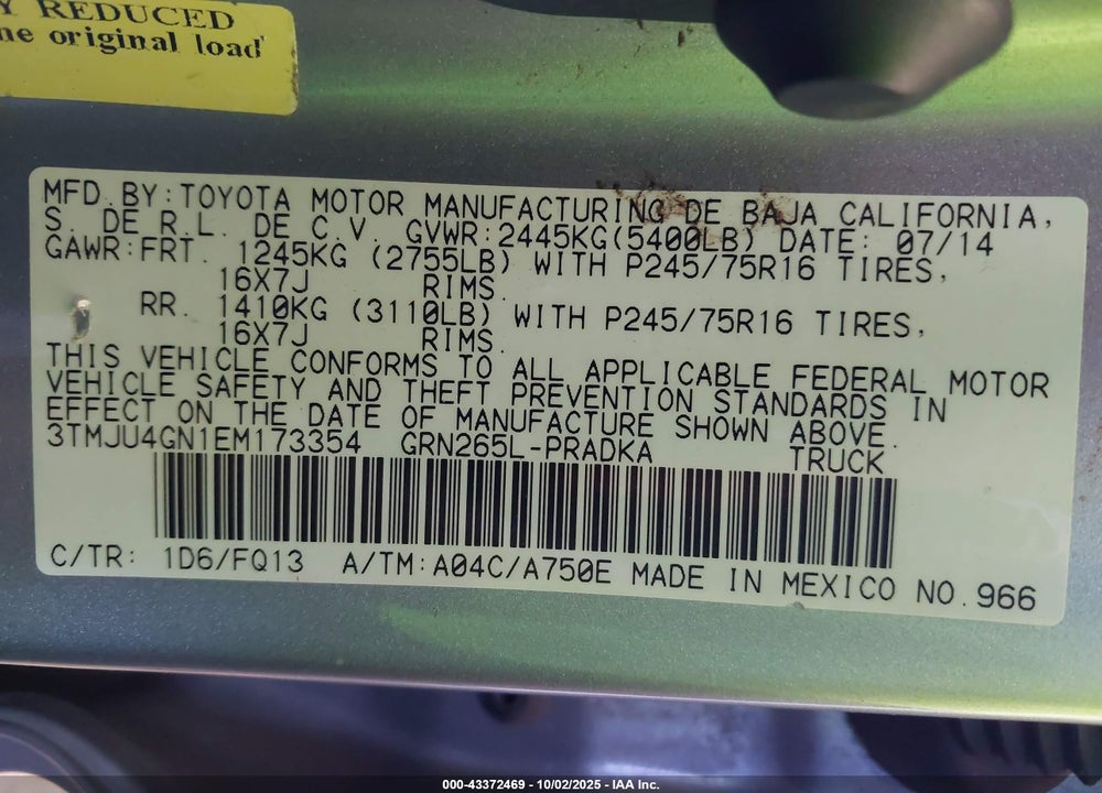 2014 TOYOTA TACOMA PRERUNNER V6 VIN: 3TMJU4GN1EM173354