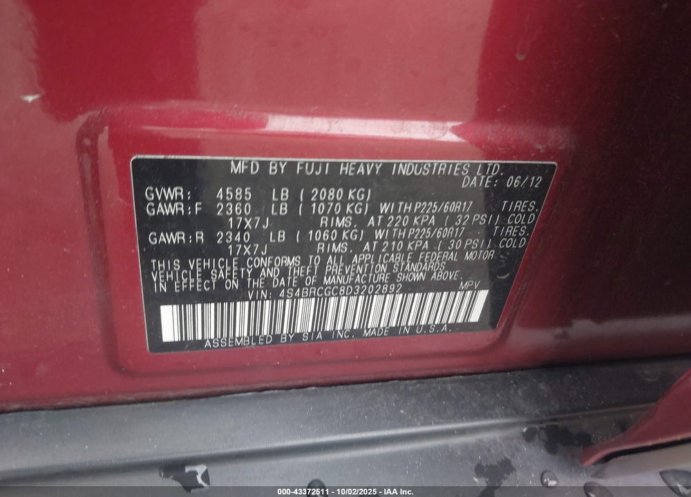 2013 SUBARU OUTBACK VIN: 4S4BRCGC8D3202892