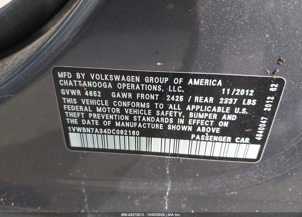 2013 VOLKSWAGEN PASSAT VIN: 1VWBN7A34DC062160
