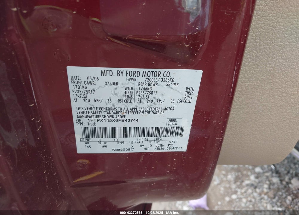 2006 FORD F-150 VIN: 1FTPX145X6FB43744