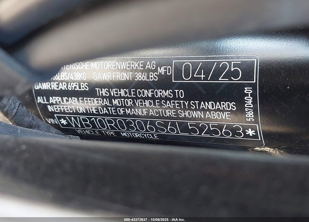 2025 BMW F 900 XR VIN: WB10R0306S6L52563
