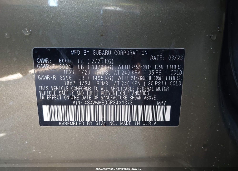 2023 SUBARU ASCENT PREMIUM 7-PASSENGER VIN: 4S4WMAED5P3431373