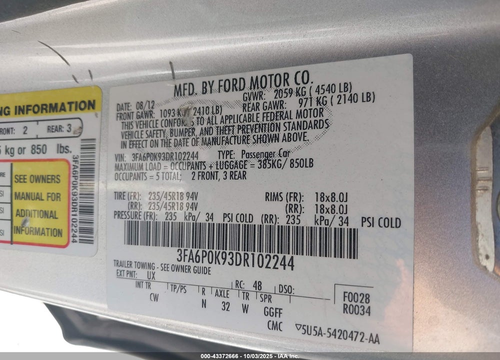 2013 FORD FUSION VIN: 3FA6P0K93DR102244