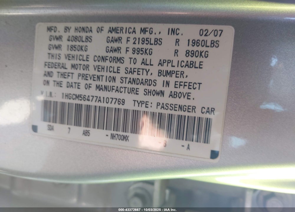 2007 HONDA ACCORD 2.4 LX VIN: 1HGCM56477A107769