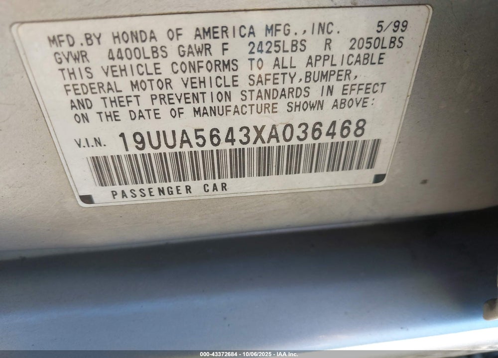 1999 ACURA TL 3.2 VIN: 19UUA5643XA036468