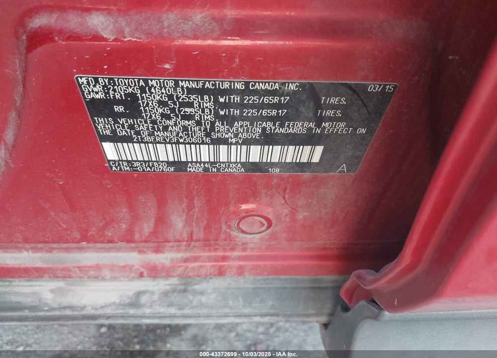2015 TOYOTA RAV4 LE VIN: 2T3BFREV3FW306016