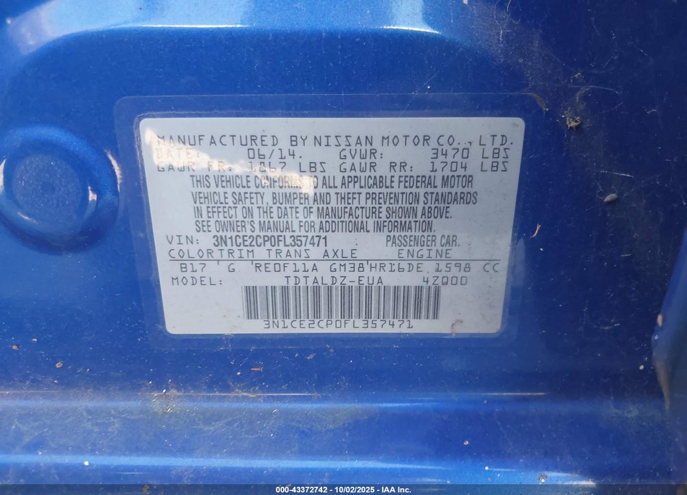 2015 NISSAN VERSA NOTE VIN: 3N1CE2CP0FL357471