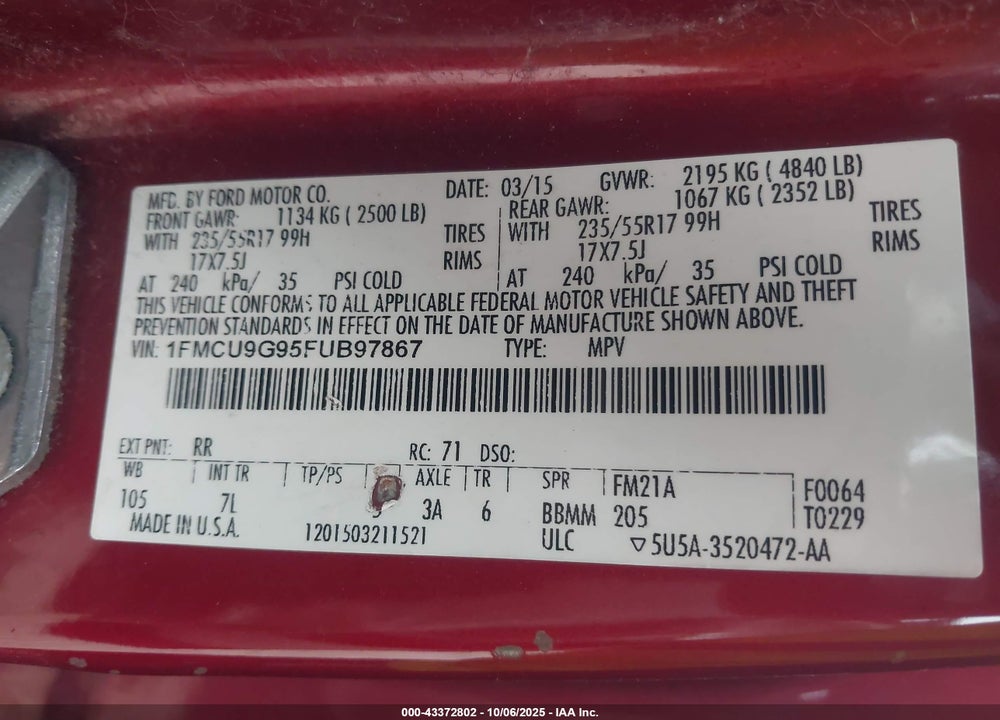 2015 FORD ESCAPE VIN: 1FMCU9G95FUB97867