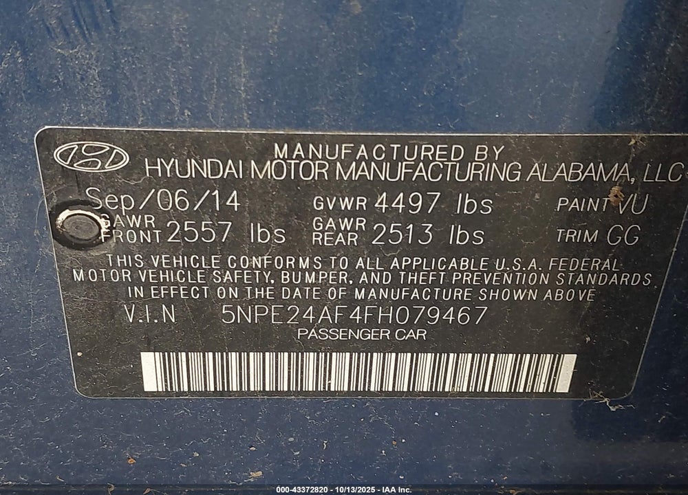 2015 HYUNDAI SONATA SE VIN: 5NPE24AF4FH079467