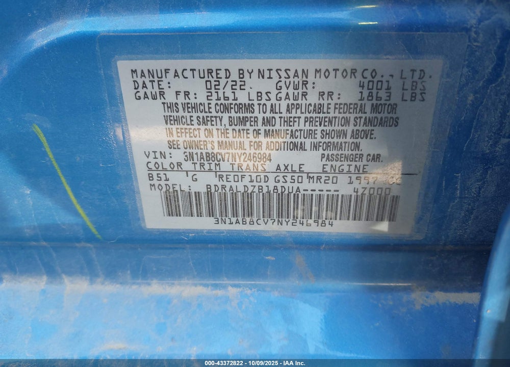 2022 NISSAN SENTRA SV XTRONIC CVT VIN: 3N1AB8CV7NY246984
