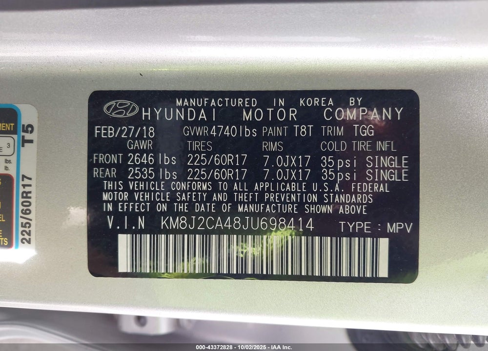 2018 HYUNDAI TUCSON VIN: KM8J2CA48JU698414