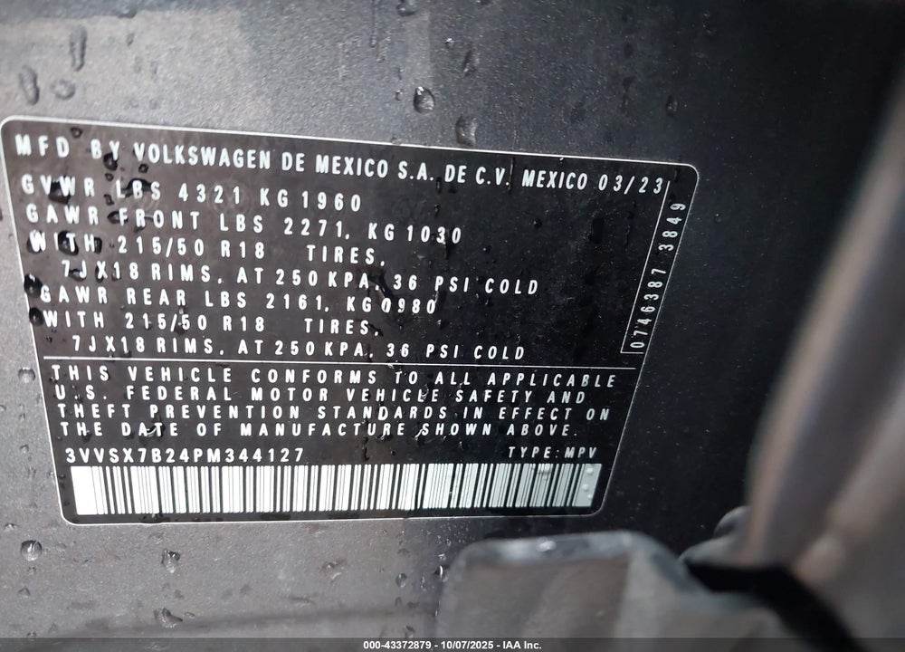 2023 VOLKSWAGEN TAOS VIN: 3VVSX7B24PM344127