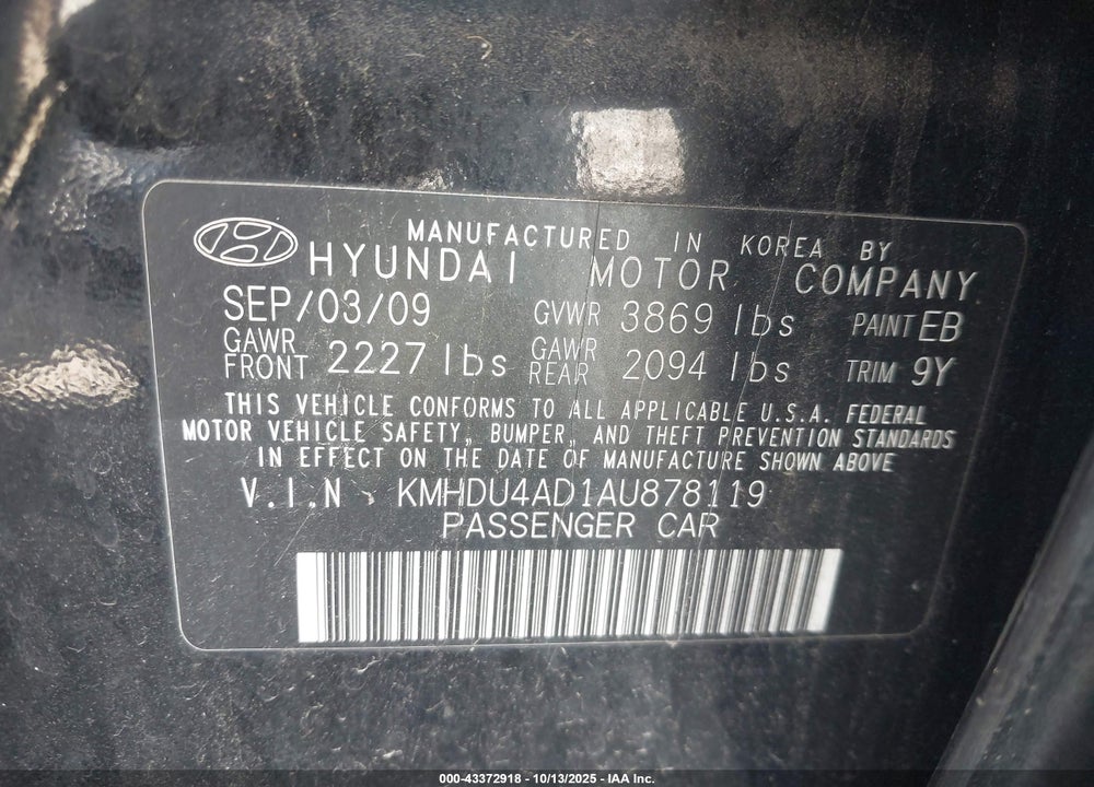 2010 HYUNDAI ELANTRA VIN: KMHDU4AD1AU878119