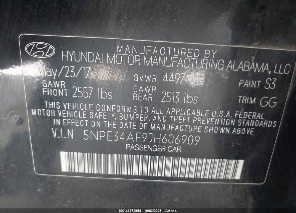 2018 HYUNDAI SONATA SEL VIN: 5NPE34AF9JH606909