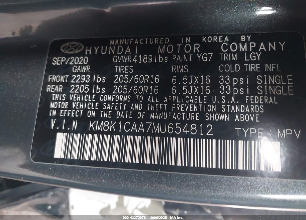 2021 HYUNDAI KONA SE VIN: KM8K1CAA7MU654812