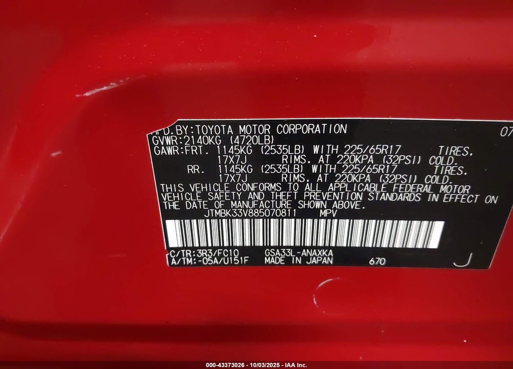 2008 TOYOTA RAV4 BASE V6 VIN: JTMBK33V885070811