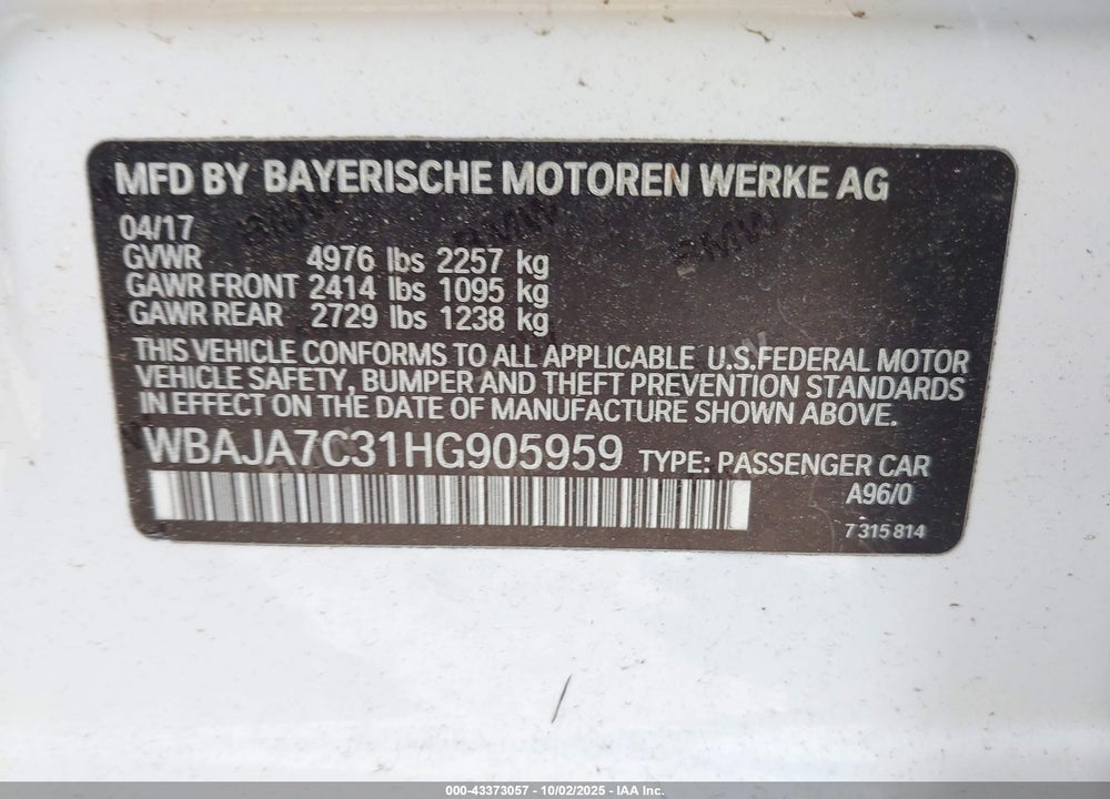 2017 BMW 5 SERIES VIN: WBAJA7C31HG905959