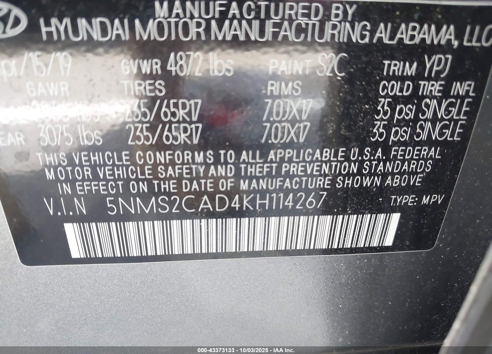 2019 HYUNDAI SANTA FE SE VIN: 5NMS2CAD4KH114267