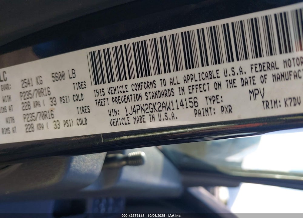 2010 JEEP LIBERTY VIN: 1J4PN2GK2AW114156