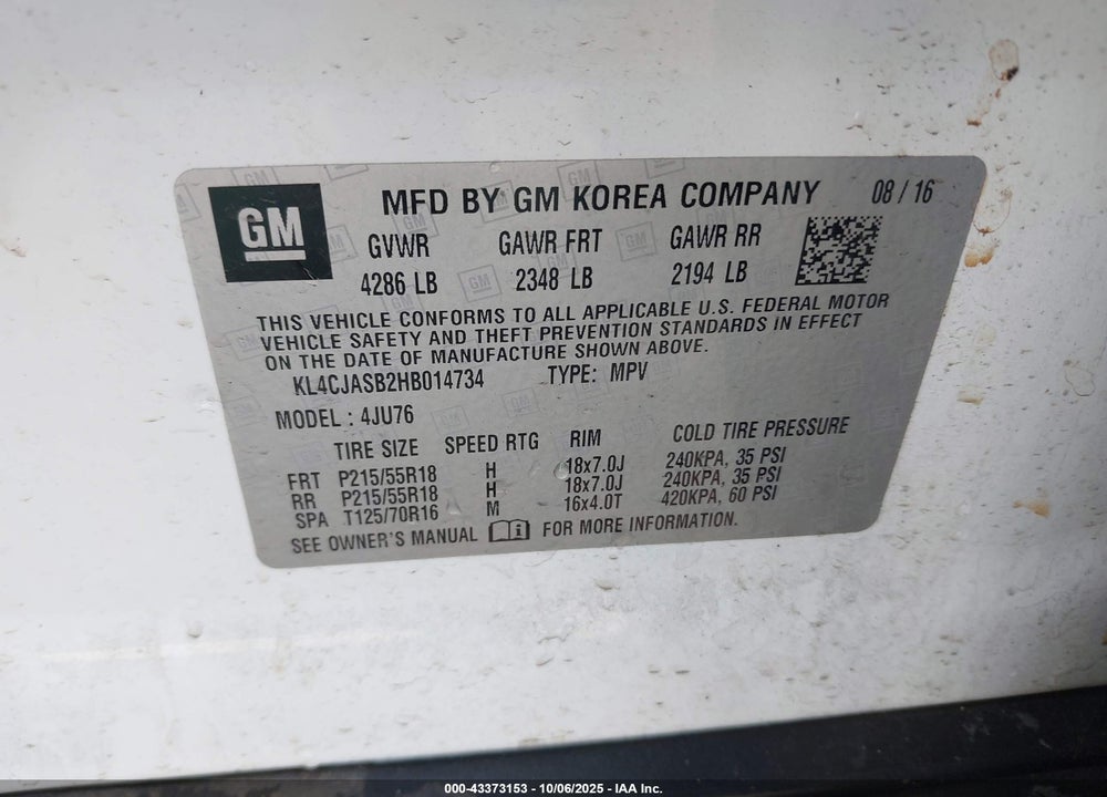 2017 BUICK ENCORE VIN: KL4CJASB2HB014734